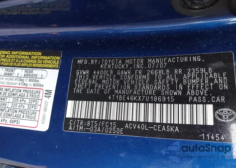 2007 Toyota Camry из США, поврежденный, VIN 4T1BE46KX7U16915